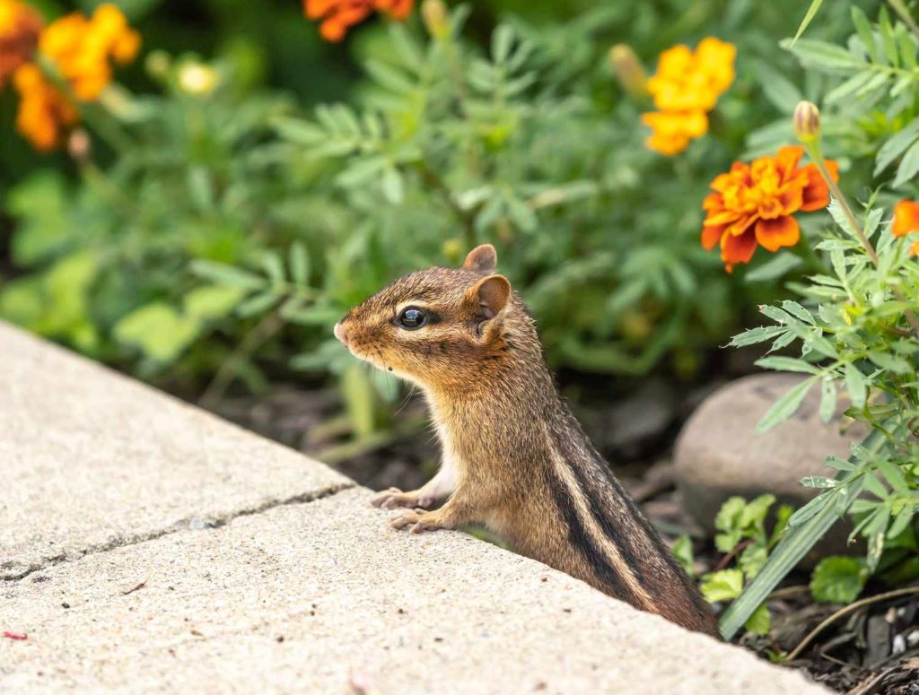 Chipmunk digging near a garden bed, showing signs of burrowing activity