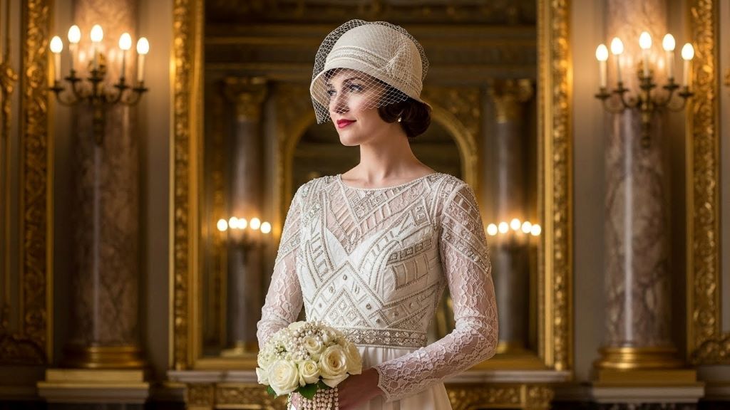 Bride wearing drop waist wedding gown with lowered waistline and Art Deco embellishments