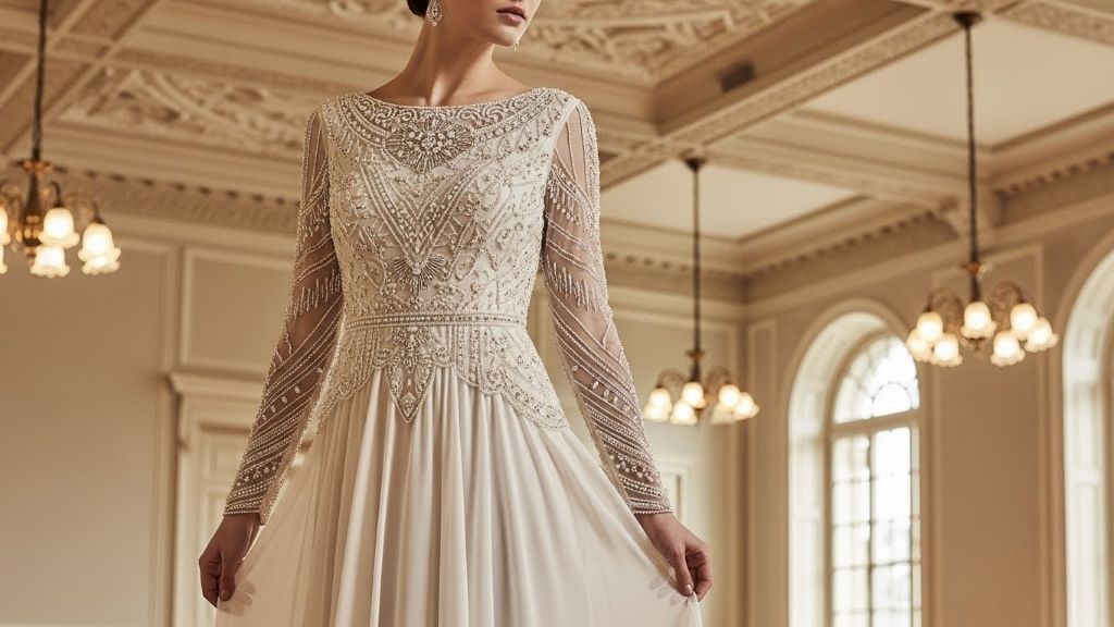 Elegant drop waist wedding dress with beaded bodice and flowing skirt in vintage 1920s style