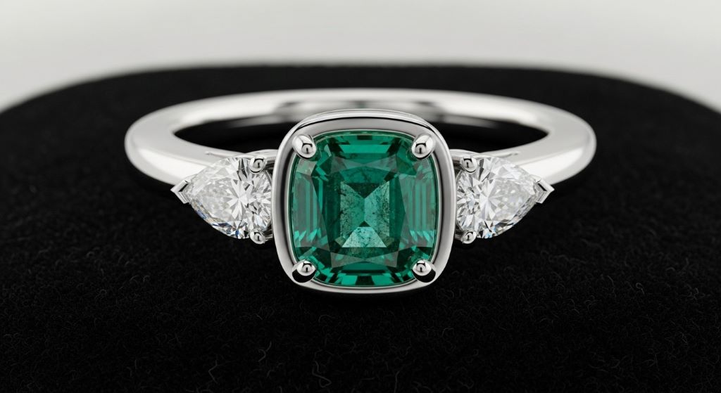 Zambian emerald wedding band featuring deep blue-green gemstone in platinum bezel setting with side stones