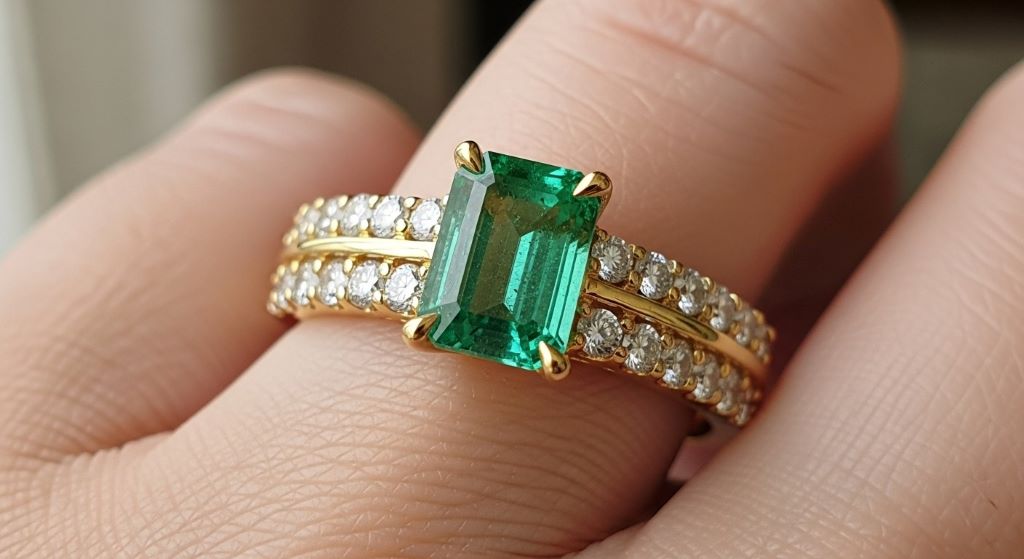 Colombian emerald wedding band with warm pure green center stone in yellow gold setting with diamond accents