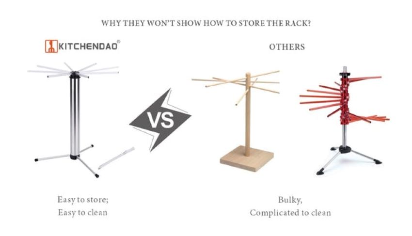 Homemade pasta drying on space-saving KITCHENDAO rack.