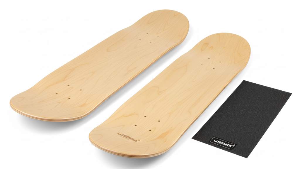 LOSENKA maple double tail skateboard deck with included free grip tape sheet on white background