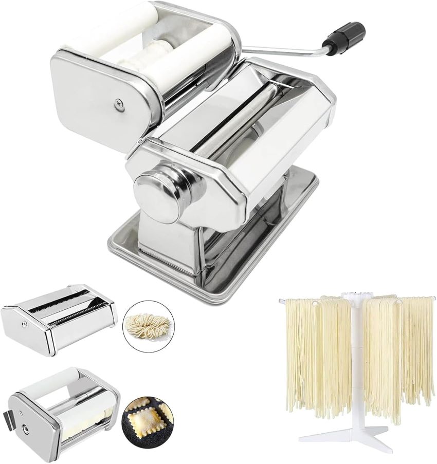MZTOGR pasta roller on a kitchen counter with adjustable thickness settings for pasta sheets.
