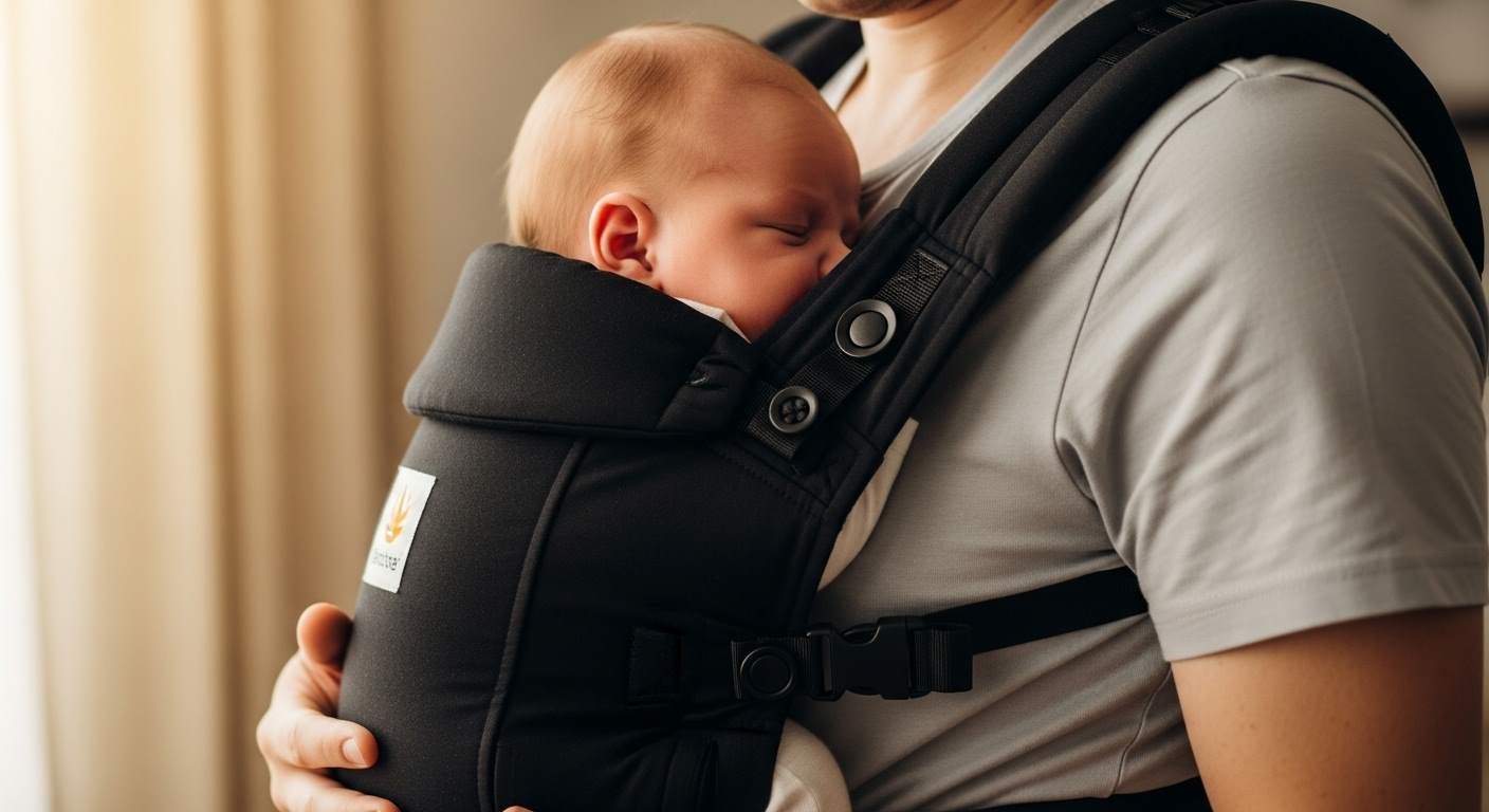 Newborn baby snug in 6-in-1 carrier against parent's chest, showing M-position legs for safe hip support