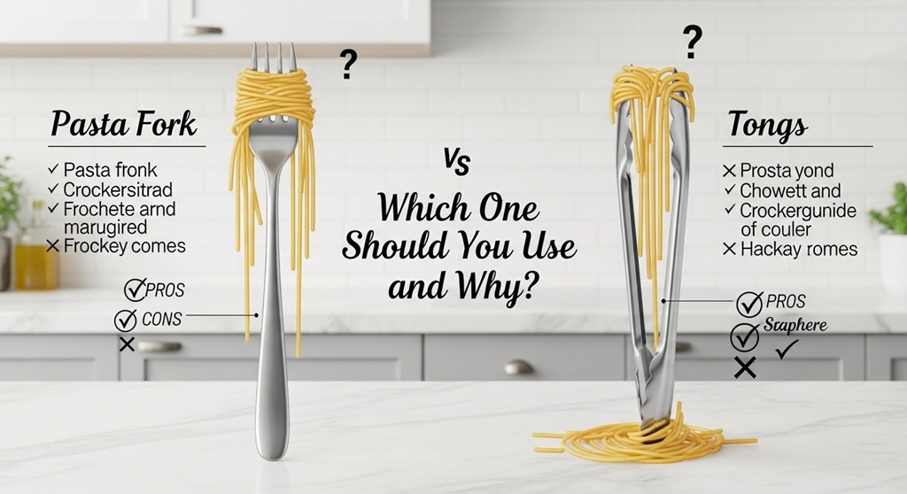 Pasta fork and spaghetti tongs side by side comparison