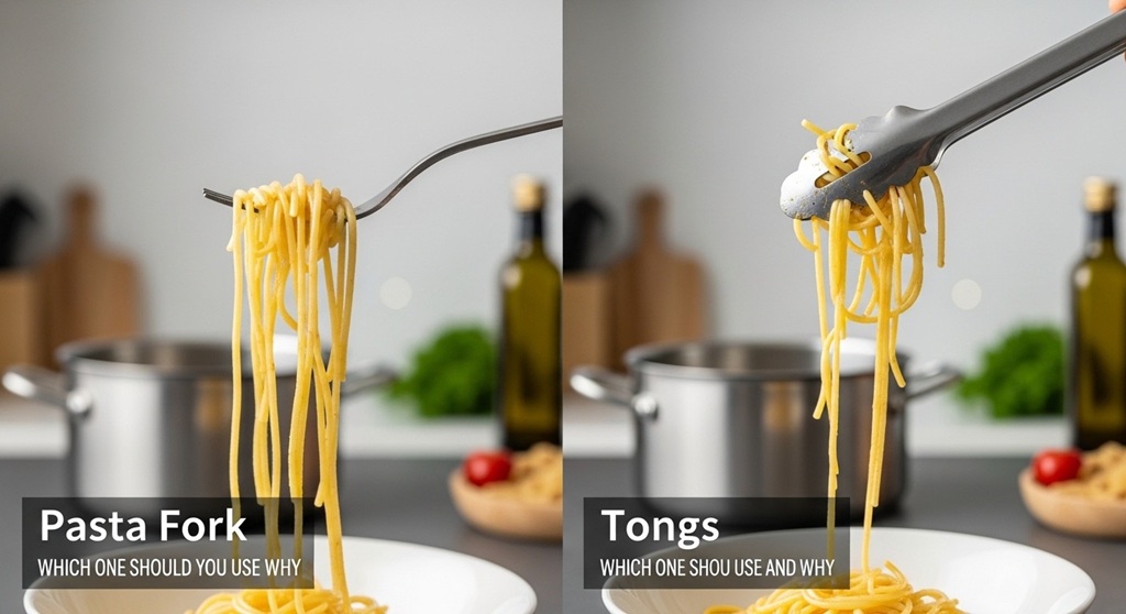Serving spaghetti with stainless steel tongs