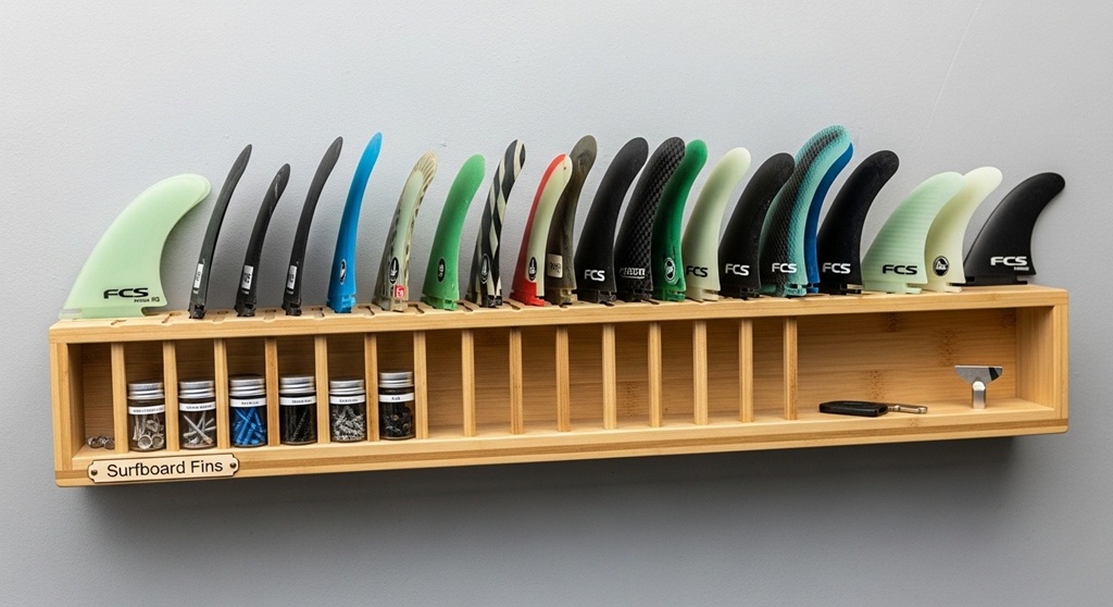 organized surf fin gear storage setup with fin organizer case