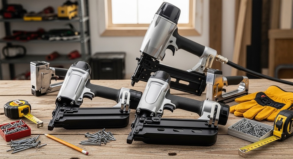 DIY woodworker using cordless nail gun for home improvement project