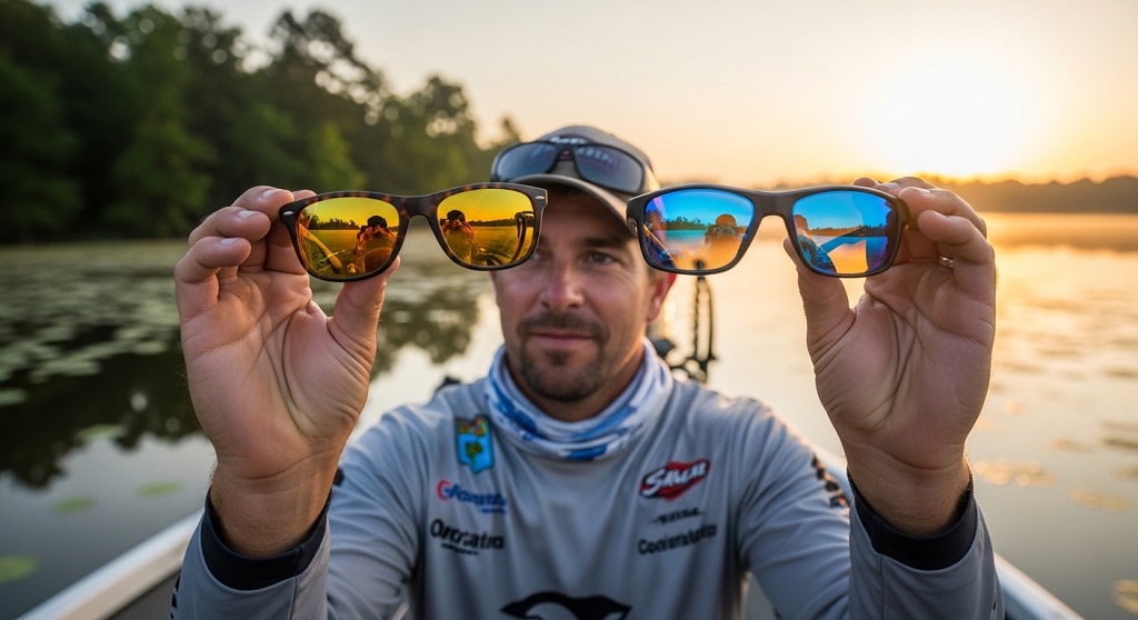 Angler wearing polarized sunglasses while bass fishing in freshwater lake