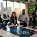 Business leaders in Austin Texas discussing AI strategy and future data leadership in a modern office environment