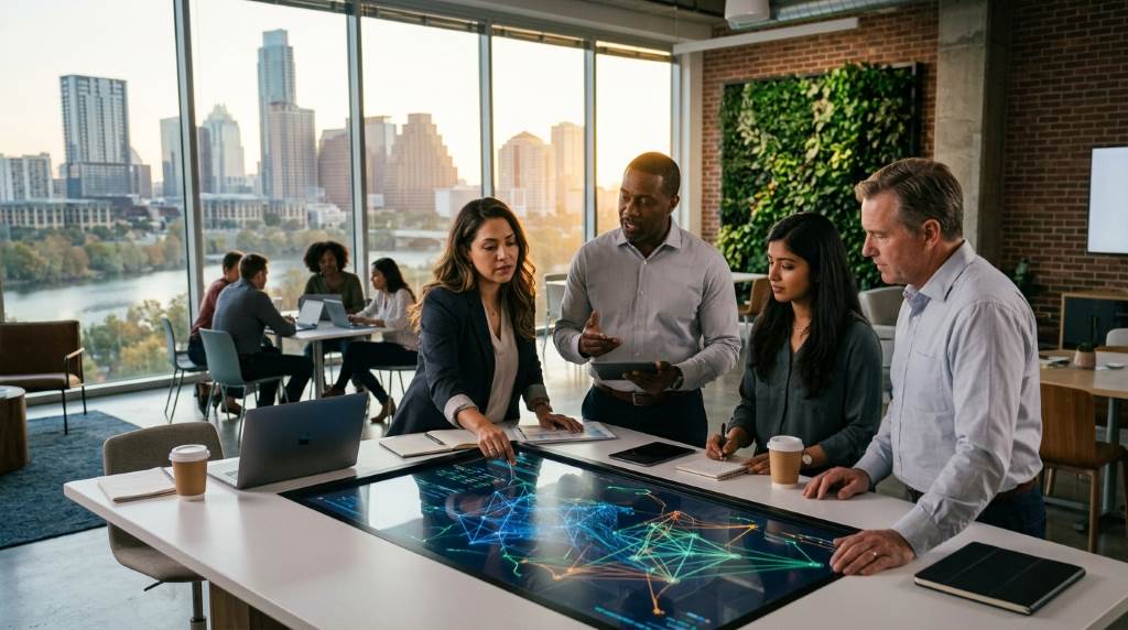 Business leaders in Austin Texas discussing AI strategy and future data leadership in a modern office environment