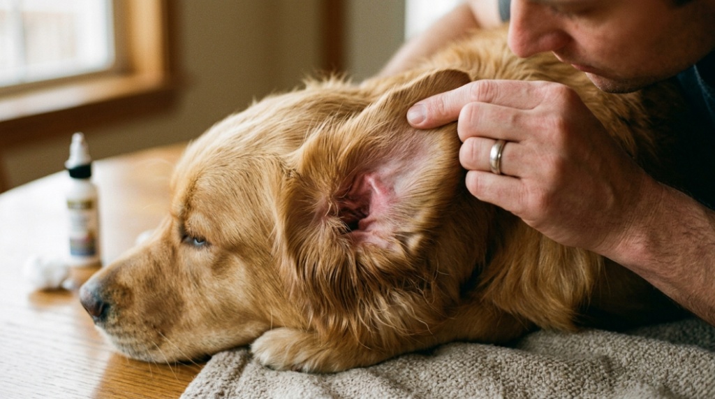 Close-up of an owner gently lifting a dog's floppy ear to check for redness and buildup.