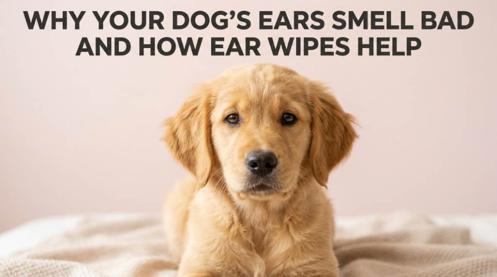 Clean dog with text overlay reading Why Your Dog’s Ears Smell Bad and How Ear Wipes Help.