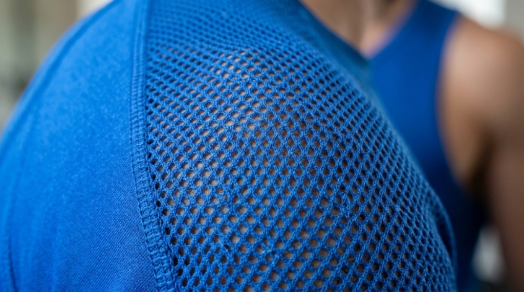 Close-up of polyester moisture-wicking fabric showing the breathable mesh weave on a blue gym top