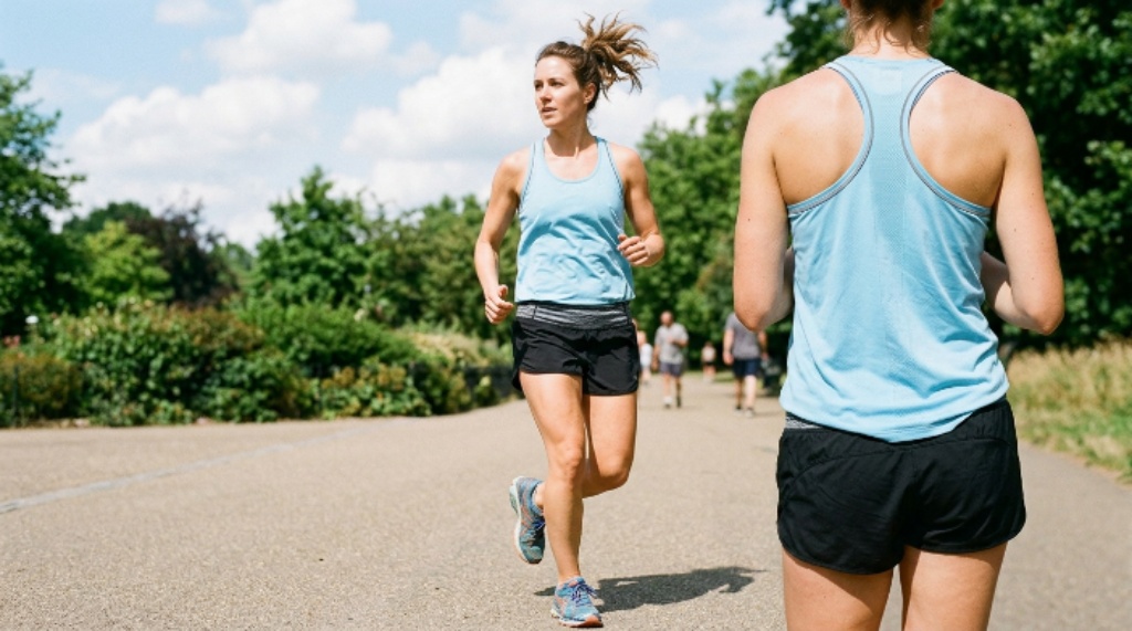 Women wearing a lightweight grey moisture-wicking workout top during an outdoor run on a sunny day