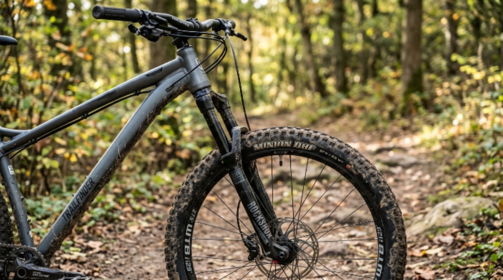 Close-up of a durable frame bicycle with 27.5 inch wheels ready for trail riding