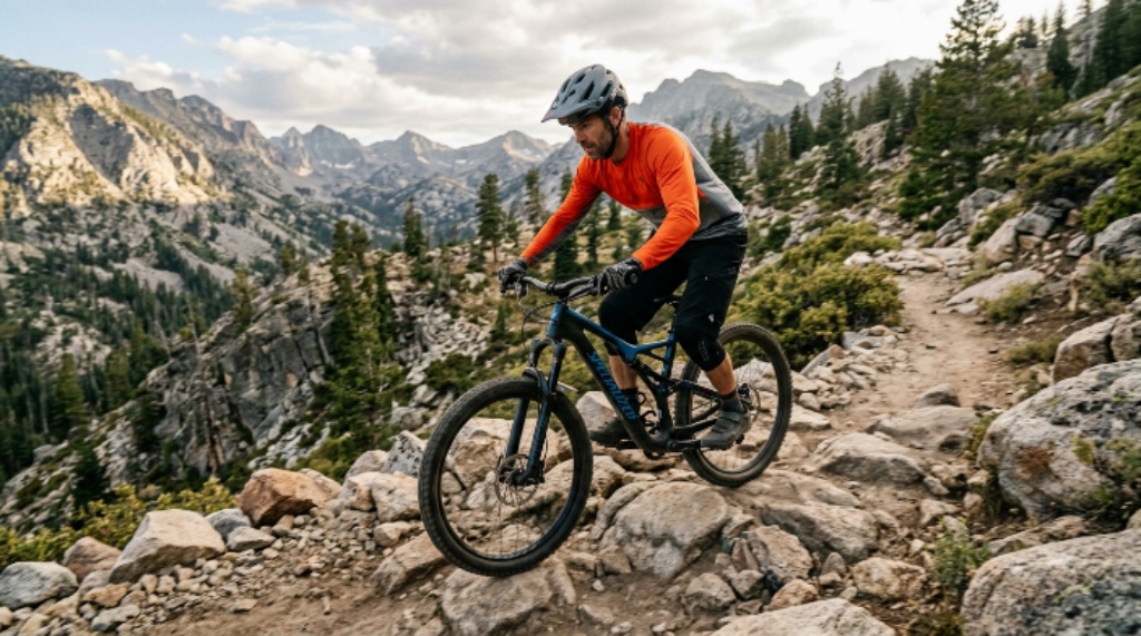 A rider on a 27.5 inch trail riding bike navigating rocky mountain terrain