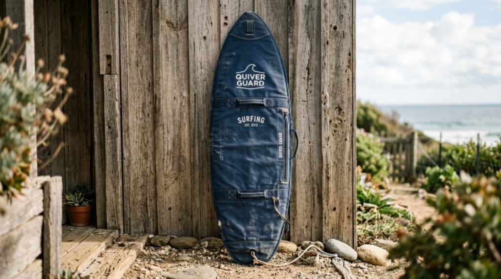 Close-up of a surfboard cover protecting a board leaning against a wooden wall outdoors