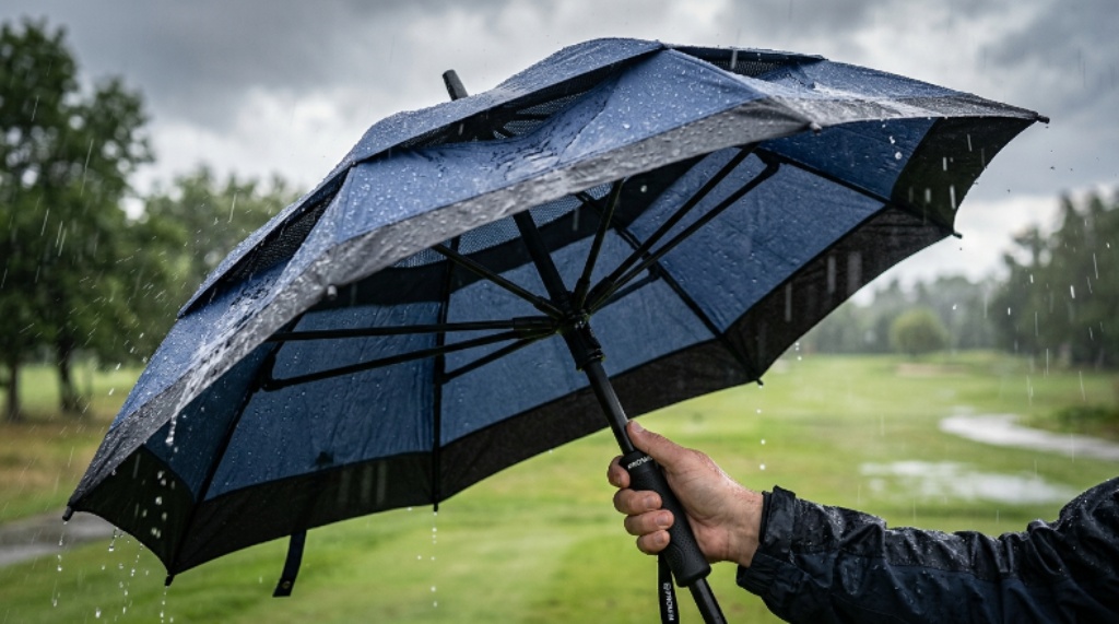 Close-up of a fiberglass-framed golf umbrella with vented canopy design built for wind and heavy rain conditions