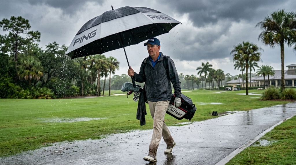Golfer holding a large double-canopy golf umbrella on a Florida course during a summer rainy season downpour