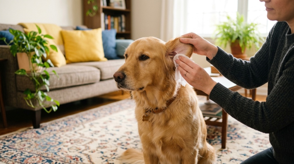 Person using a white dog ear wipe to gently clean the inside of a calm dog's ear.