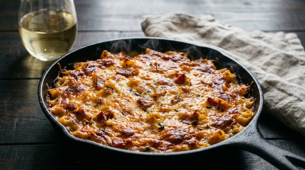 A baked pasta dish with a bubbly, golden-brown Wisconsin cheddar crust inside a cast-iron skillet.