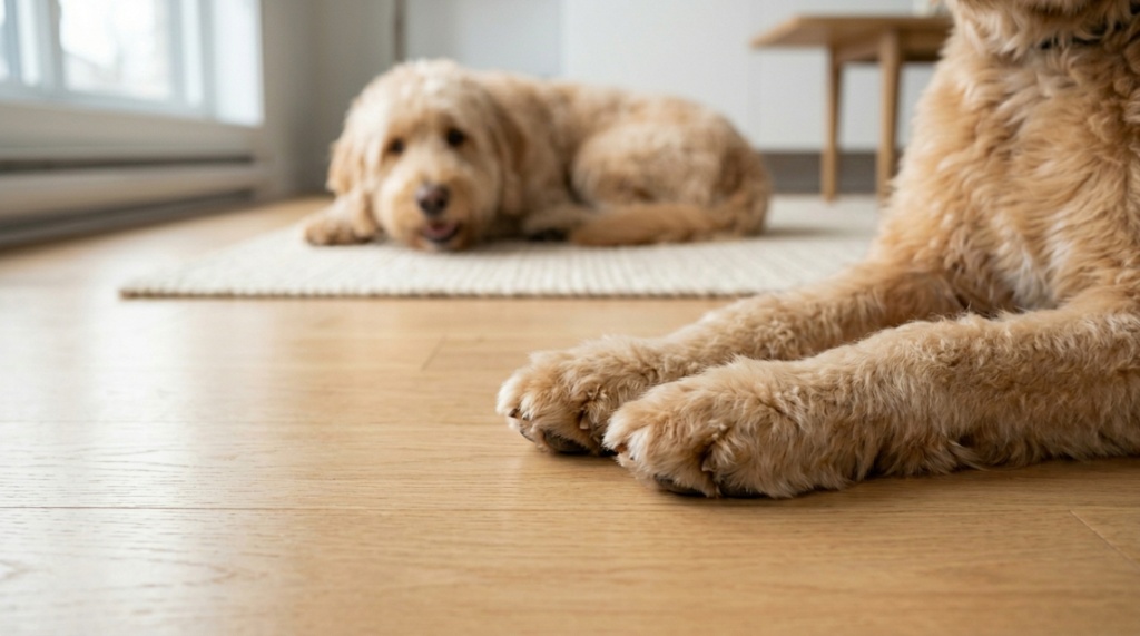 Clean and dry dog paws resting on a spotless wooden floor.
