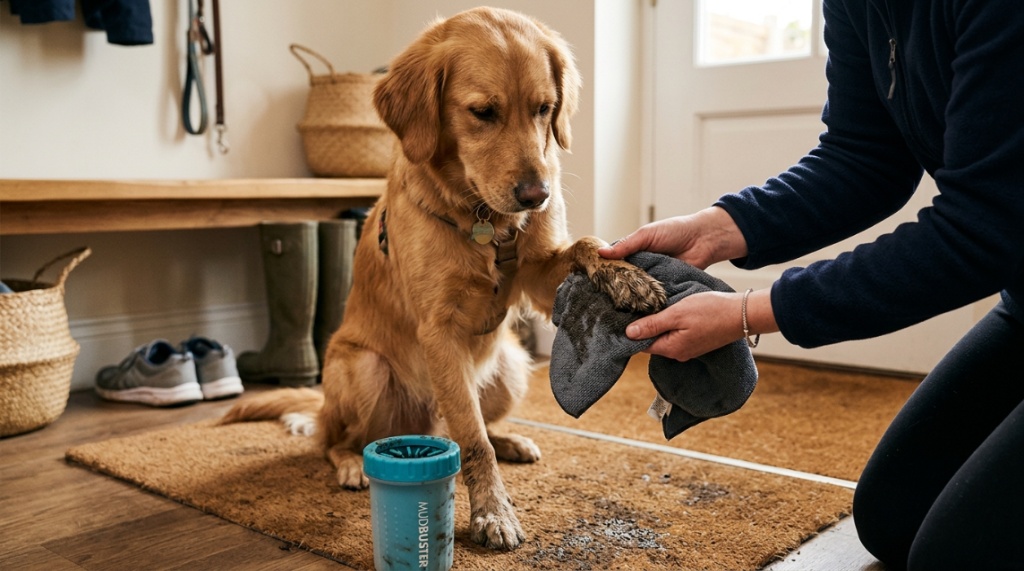 Hands wiping a muddy dog paw with a microfiber towel.