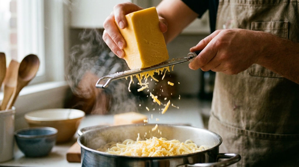 Hands grating a block of sharp Wisconsin cheddar cheese directly over a pot of steaming hot pasta.