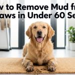 Golden retriever with muddy paws sitting in a house entryway.