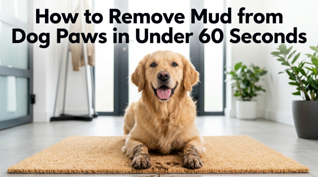 Golden retriever with muddy paws sitting in a house entryway.