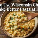 A bowl of creamy macaroni and cheese with text overlay reading how to use Wisconsin cheddar for better pasta.