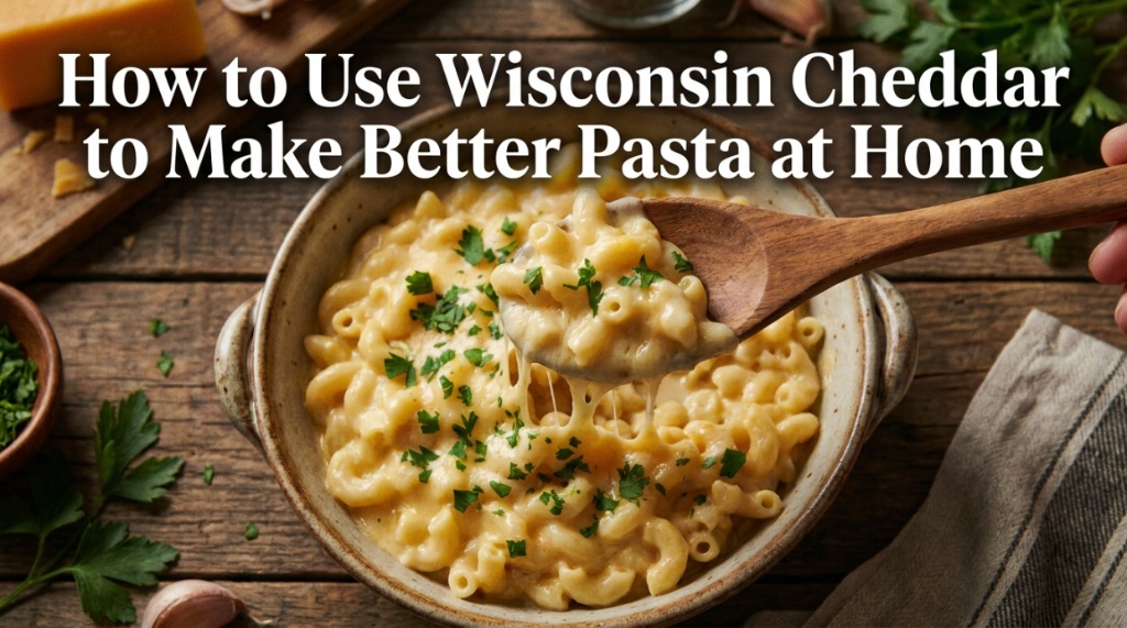A bowl of creamy macaroni and cheese with text overlay reading how to use Wisconsin cheddar for better pasta.