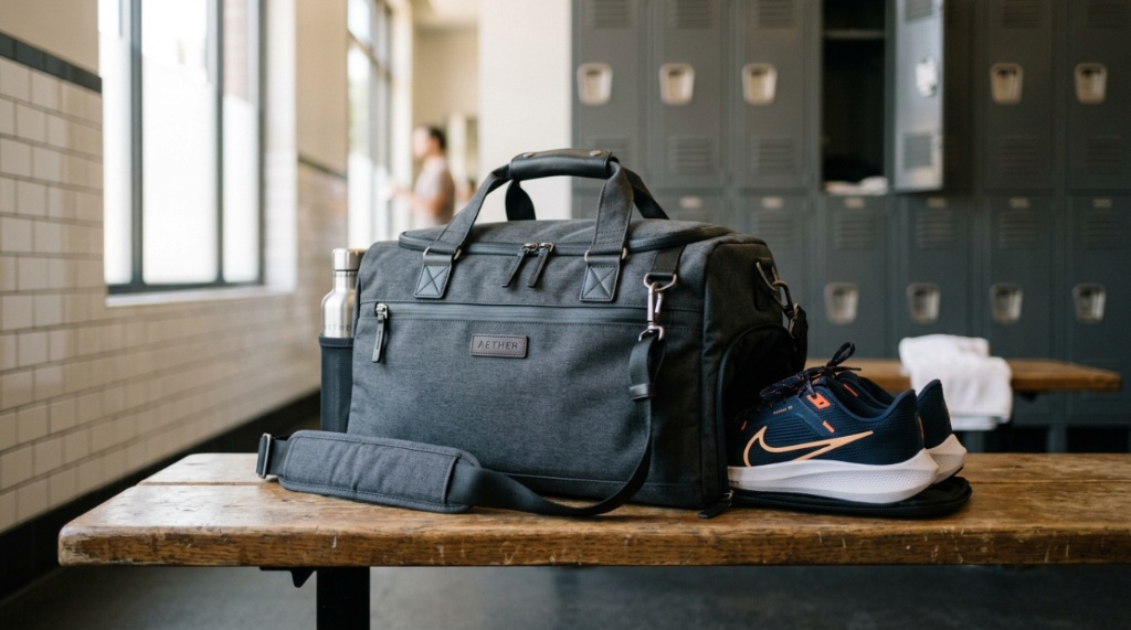 A modern gym bag with sneakers peeking out of a side compartment.