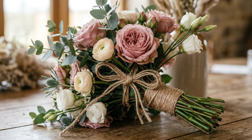 Hands arranging affordable eucalyptus and white rose wedding centerpieces.