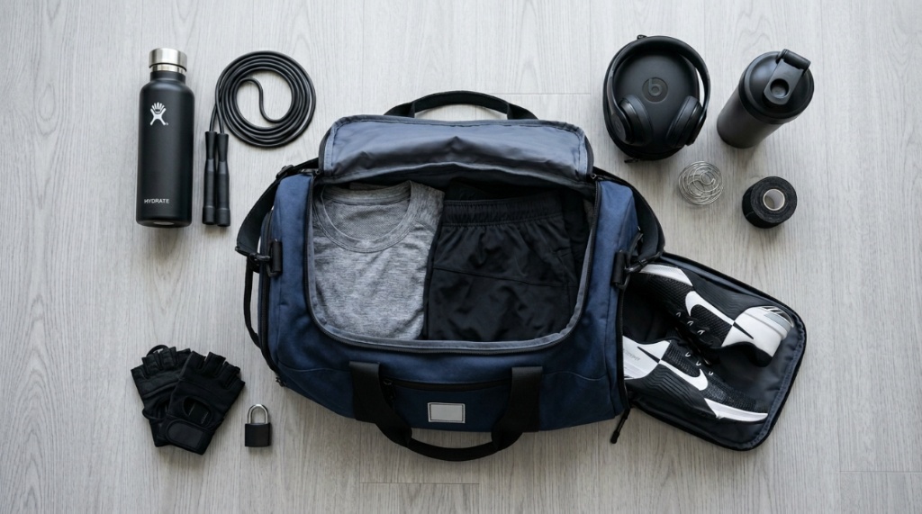 Top-down view of an open athletic bag surrounded by workout gear.