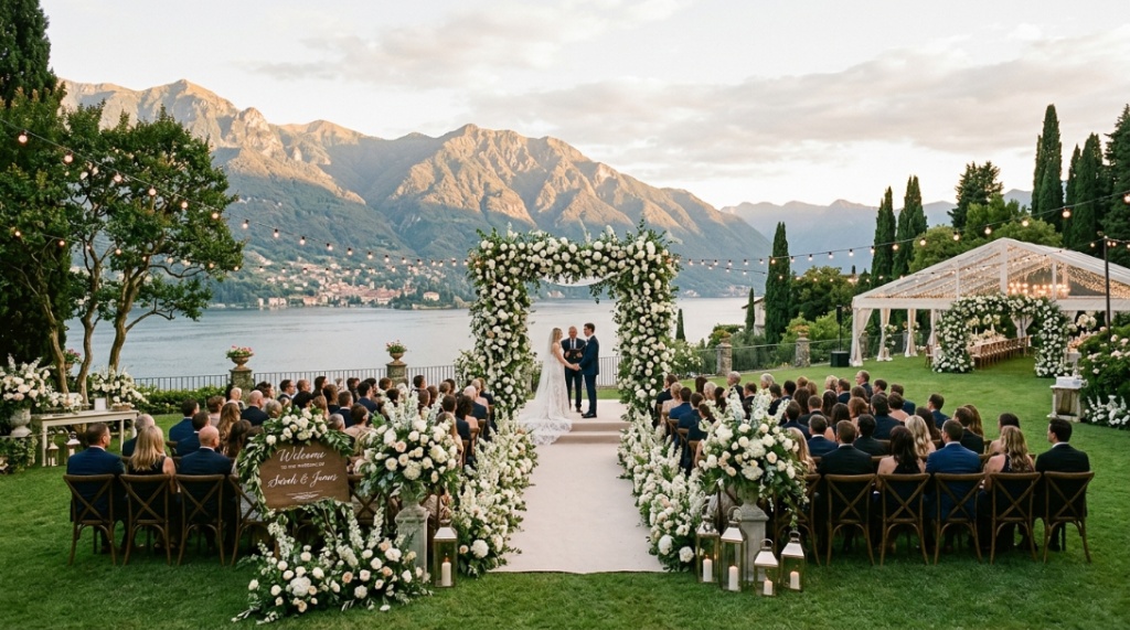 Elegant wedding reception tables decorated with fairy lights and green garlands.