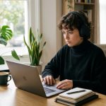 Person wearing stylish black noise-canceling headphones while working at a desk.