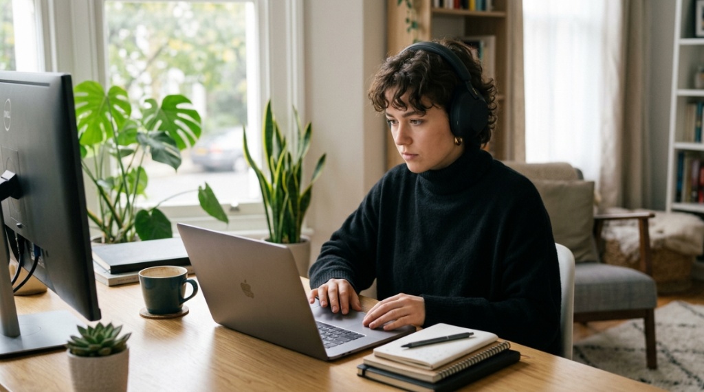Person wearing stylish black noise-canceling headphones while working at a desk.