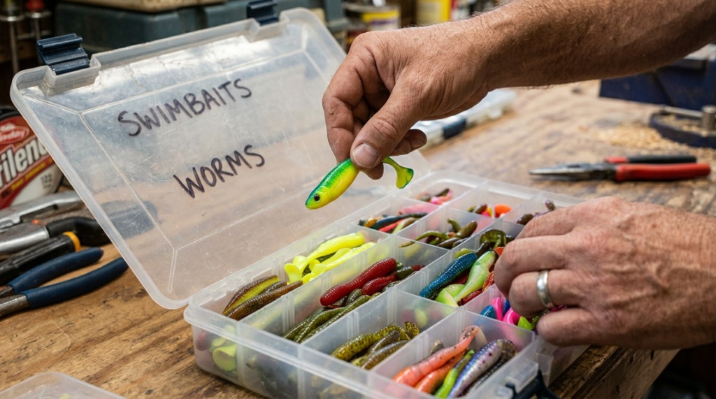 : Angler sorting soft plastic baits inside inexpensive plastic storage compartments.