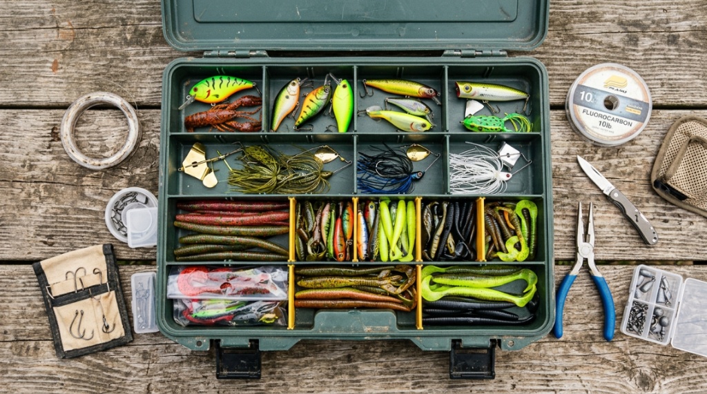 Flat lay of budget tackle boxes and colorful fishing lures on a wooden table.