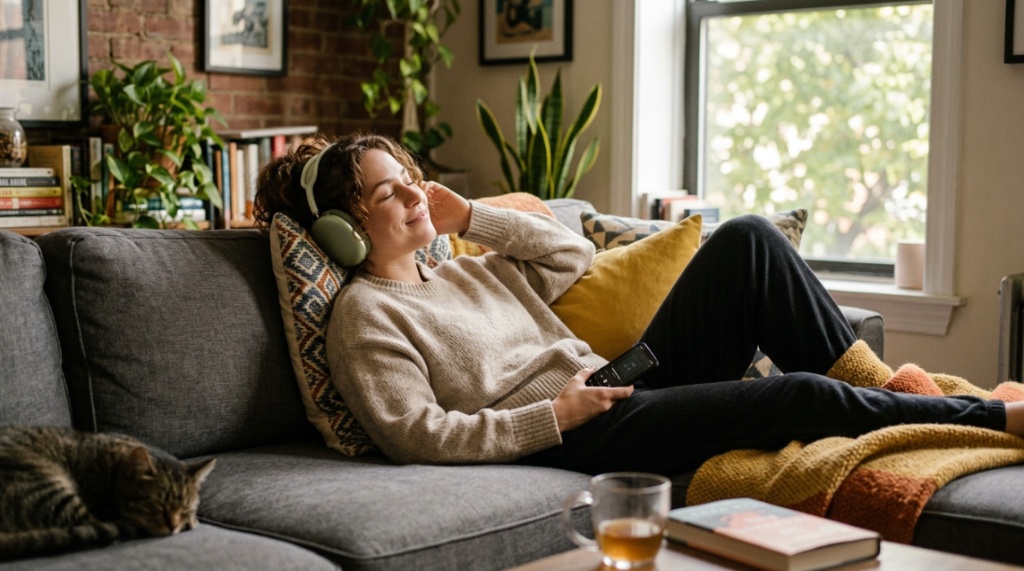 A woman relaxing on a couch using wireless headphones to listen to music.