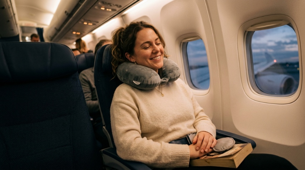 Traveler relaxing on an airplane wearing a comfortable memory foam neck pillow.