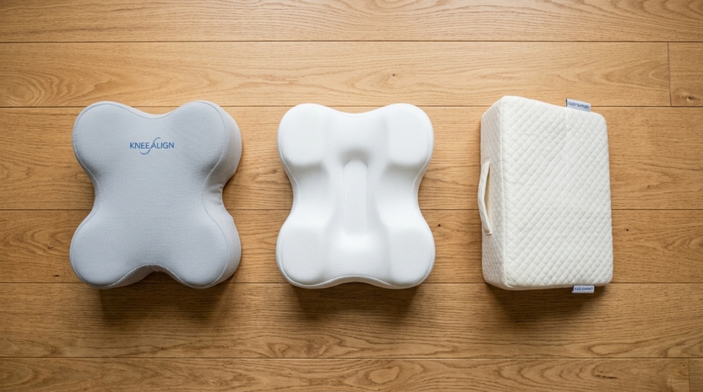 Three affordable knee pillows in different shapes laid out on a floor.