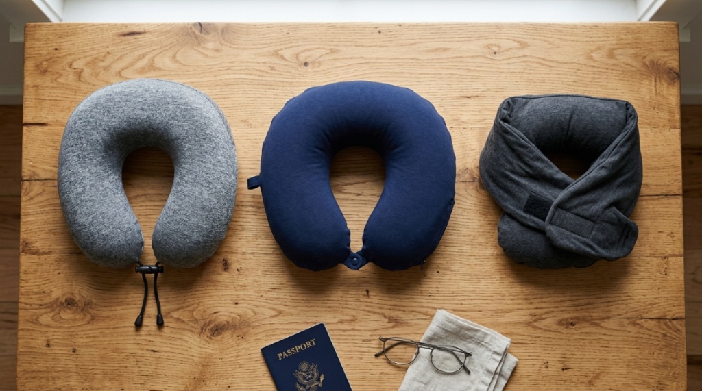Variety of travel neck pillows displayed neatly on a wooden table.
