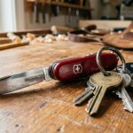 Red Swiss Army knife attached to keys on a wooden workbench.