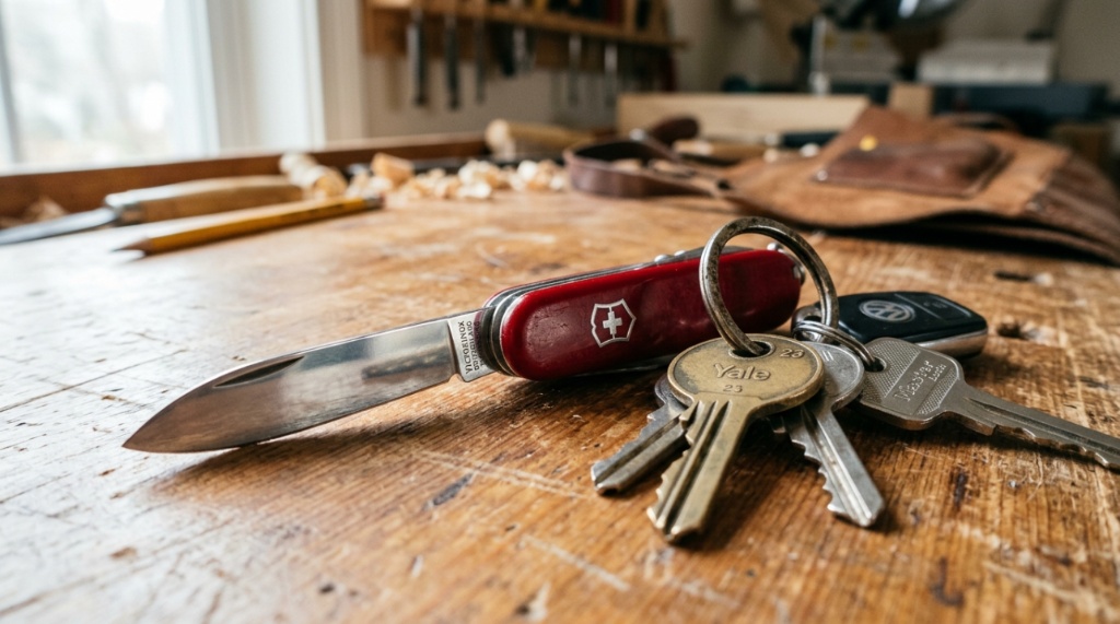 Red Swiss Army knife attached to keys on a wooden workbench.