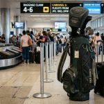 A durable budget golf bag standing upright in a busy airport terminal.