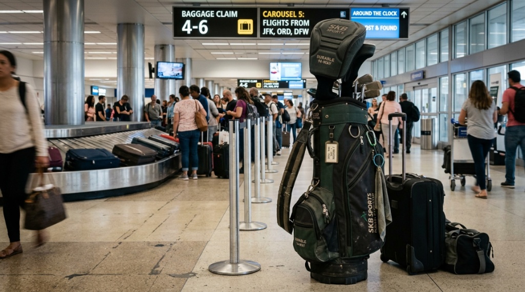 A durable budget golf bag standing upright in a busy airport terminal.